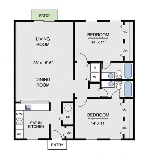 Floor plan for 2 beds, 2 baths, 1156 sqft